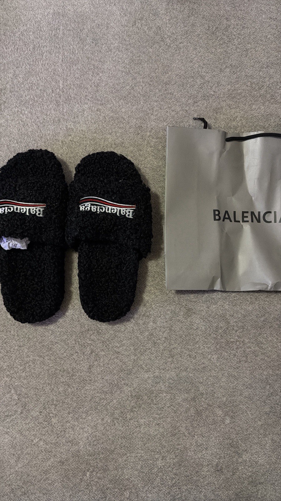 Balenciaga Men’s Black Faux Fur Slide Slippers US Size 9 Comfort Designer Logo