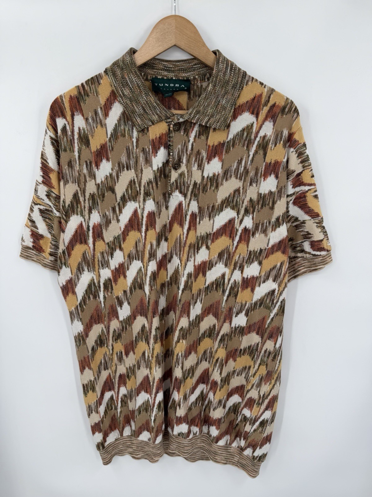 Vintage 1990s Tundra Made in Canada Zig Zag Chevron Knit Polo Shirt Size XL