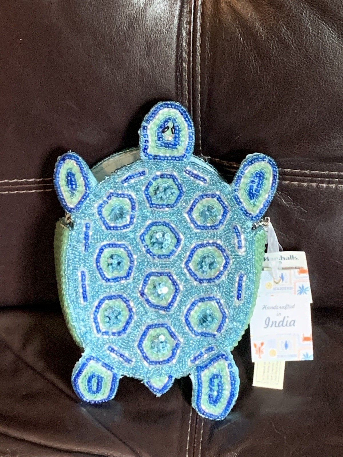 Handcrafted in India Blue Turtle Crossbody Beaded Bag NWT