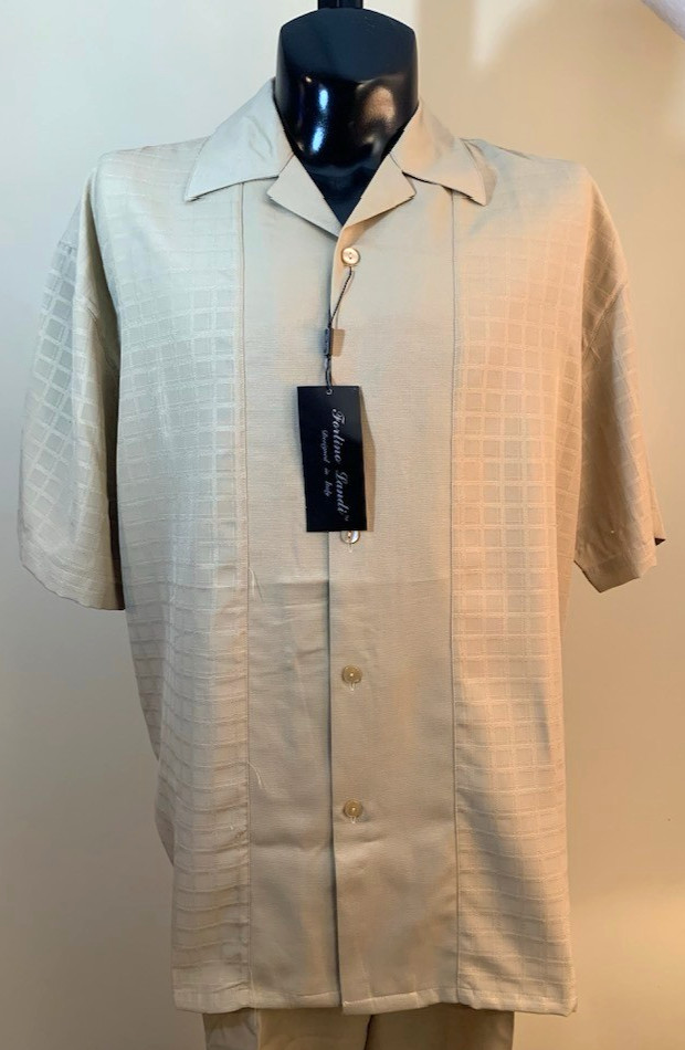 Fortino Landi Mens 2pc Walking Suit Shirt Pleated Pants Set 2XL Beige Plaid 42