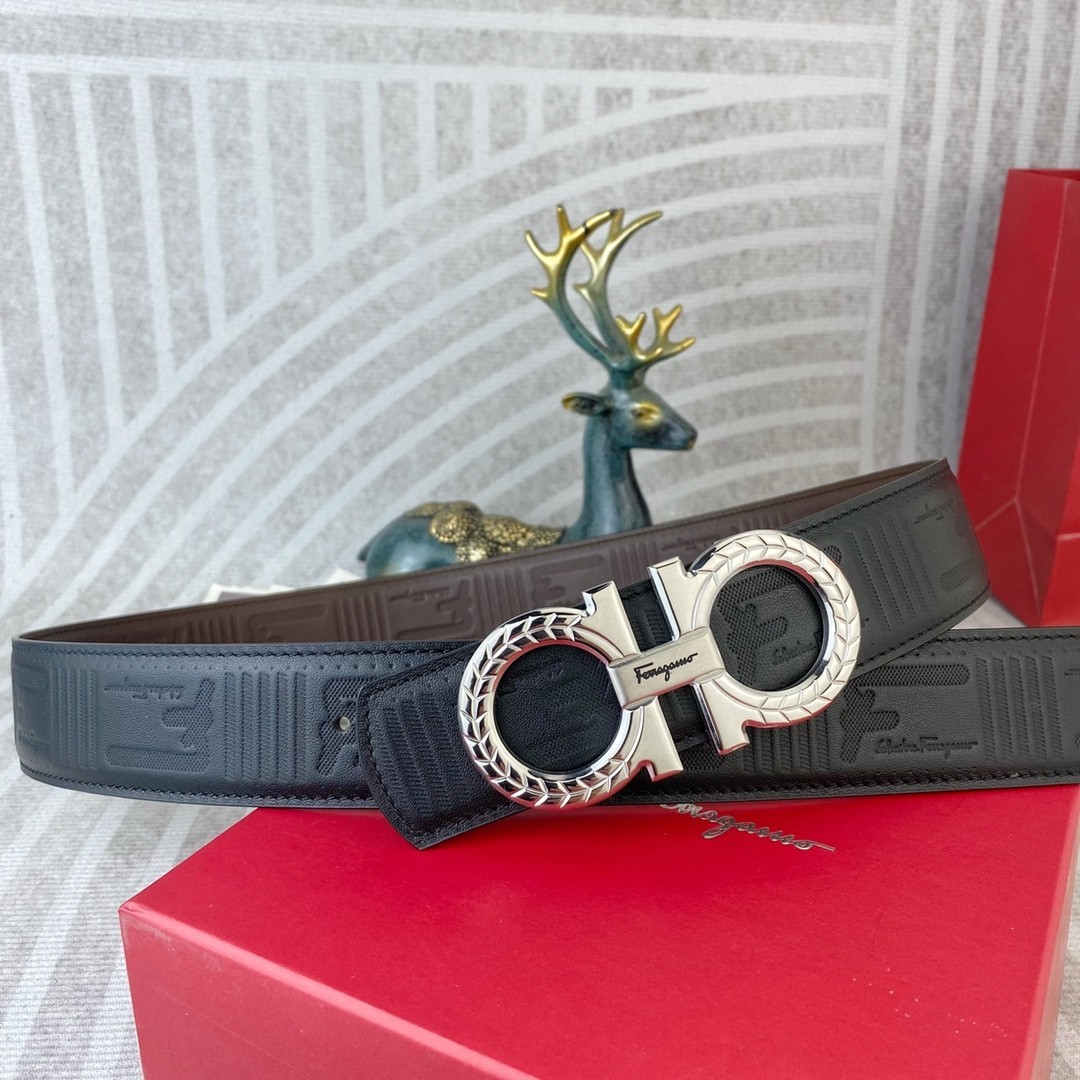 Ferragamo Handcrafted Leather Belt Reversible width 3.8cm/1.5inch Silver Buckle