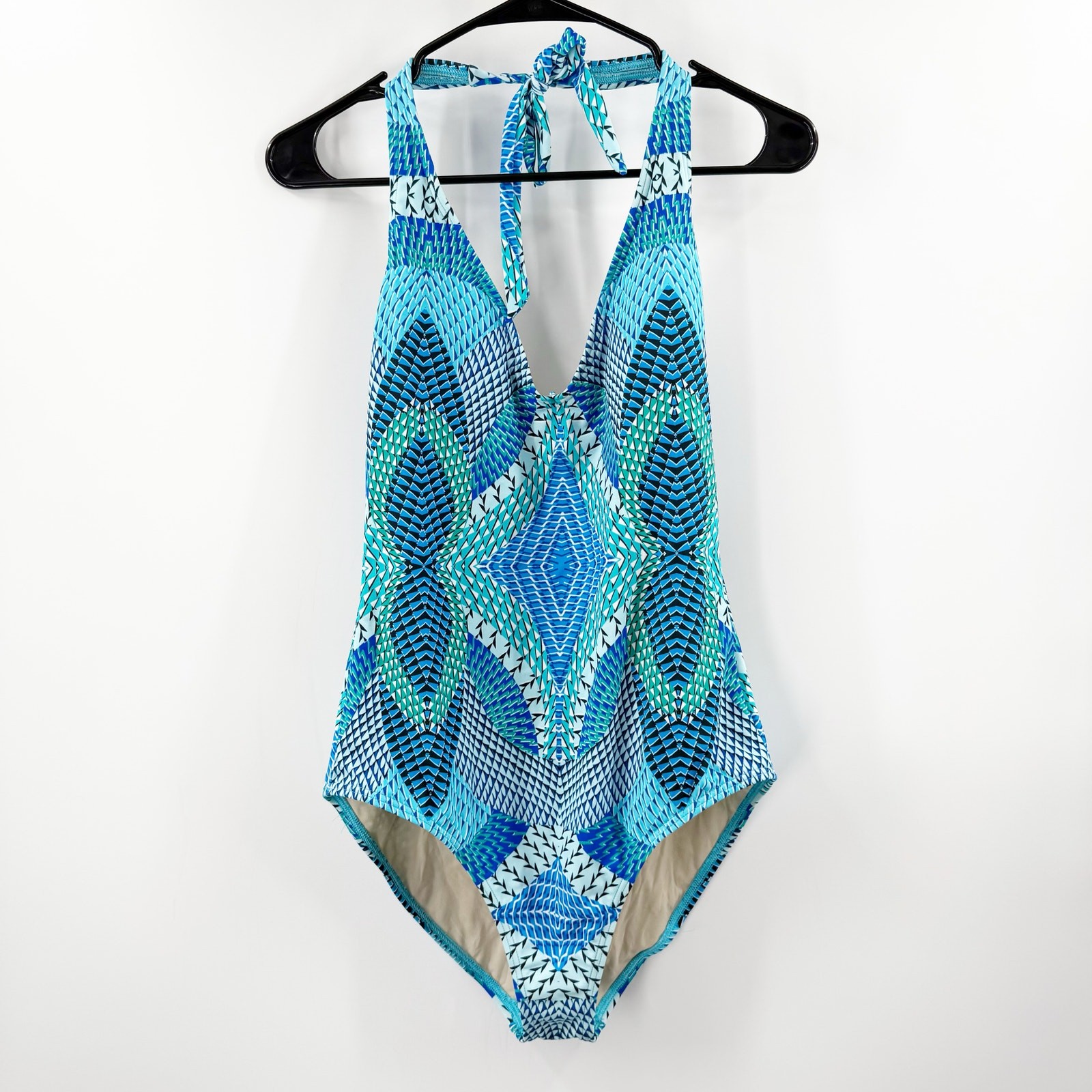 ECHO Swimsuit Size 10 One Piece Havana Geo Blue Low Back Halter Tie Swim Beach