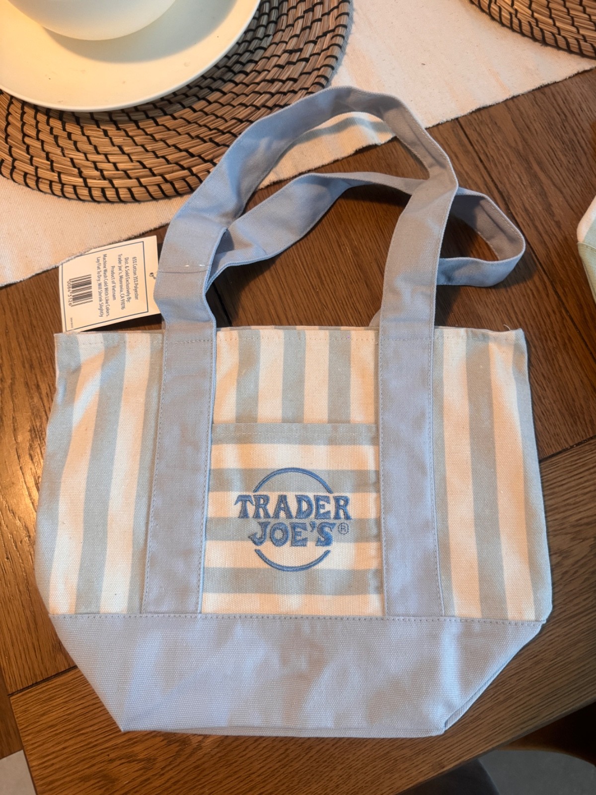trader joes striped mini tote blue