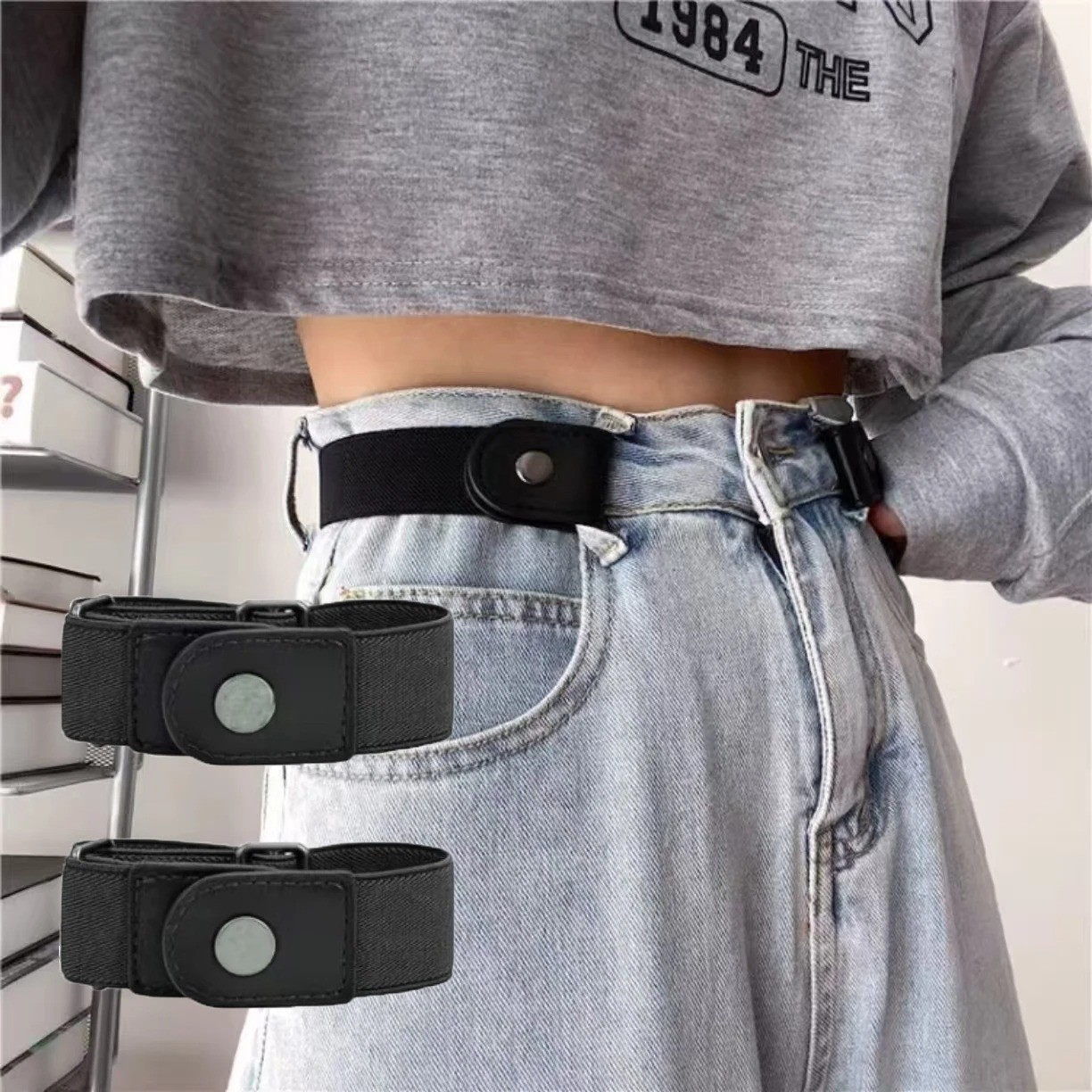 Set of 2 No Buckle Belts Jeans Pants Tightener Side Belts for Men Women
