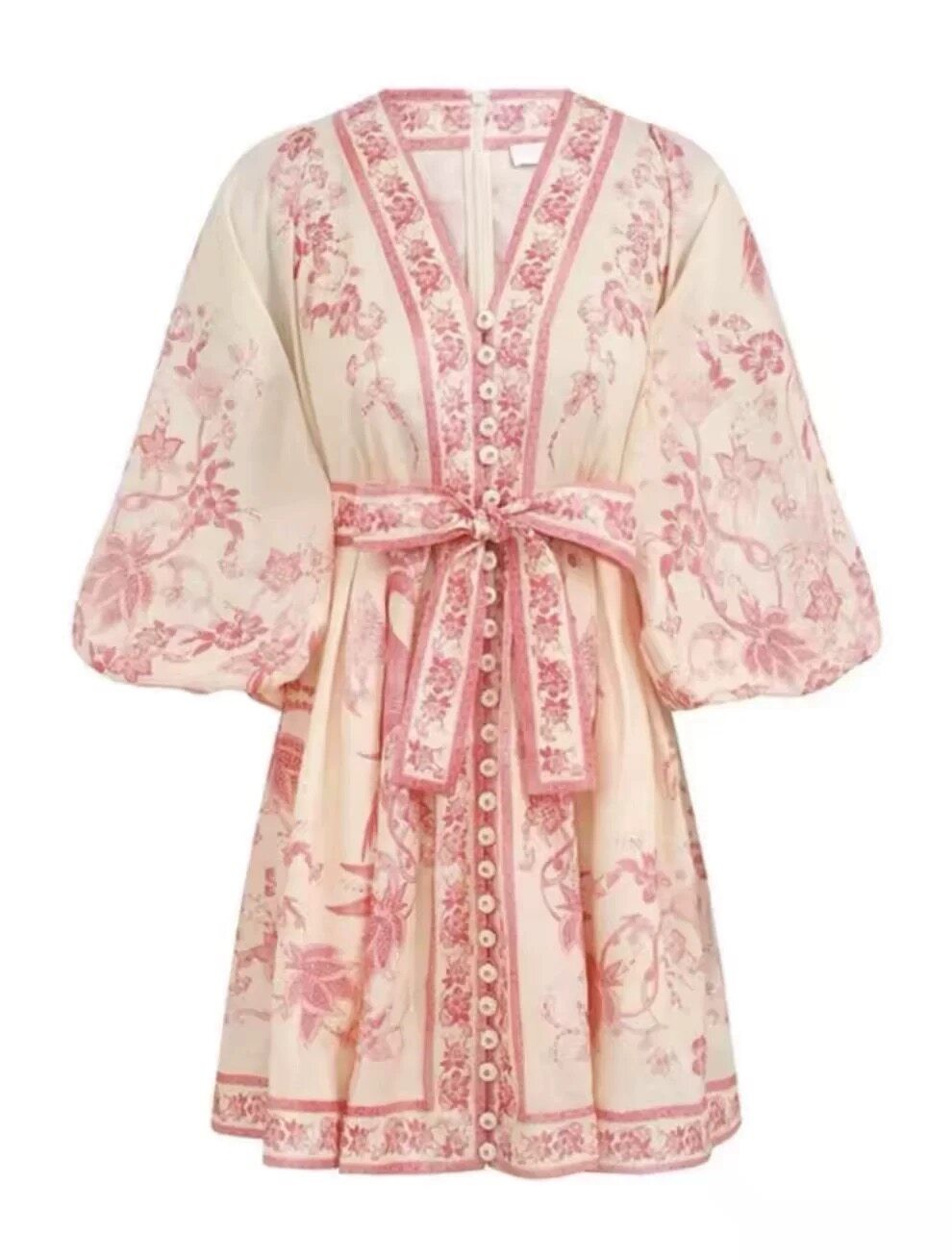 NWT Zimmermann Summer Resort VNeck Lantern Sleeve Floral Print Belted Mini Dress