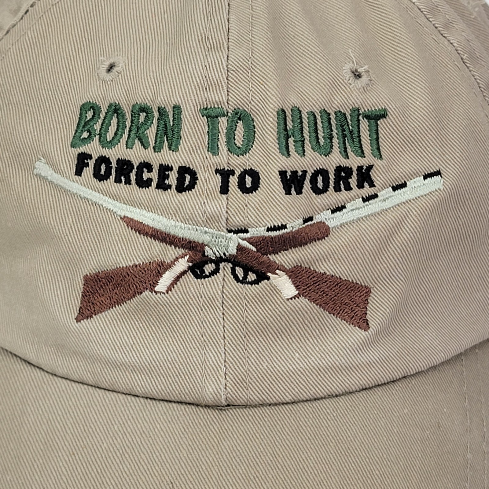 Born to Hunt Forced to Work Hat Hunting Cap Dad Slouch Leather Strap Humor Beige