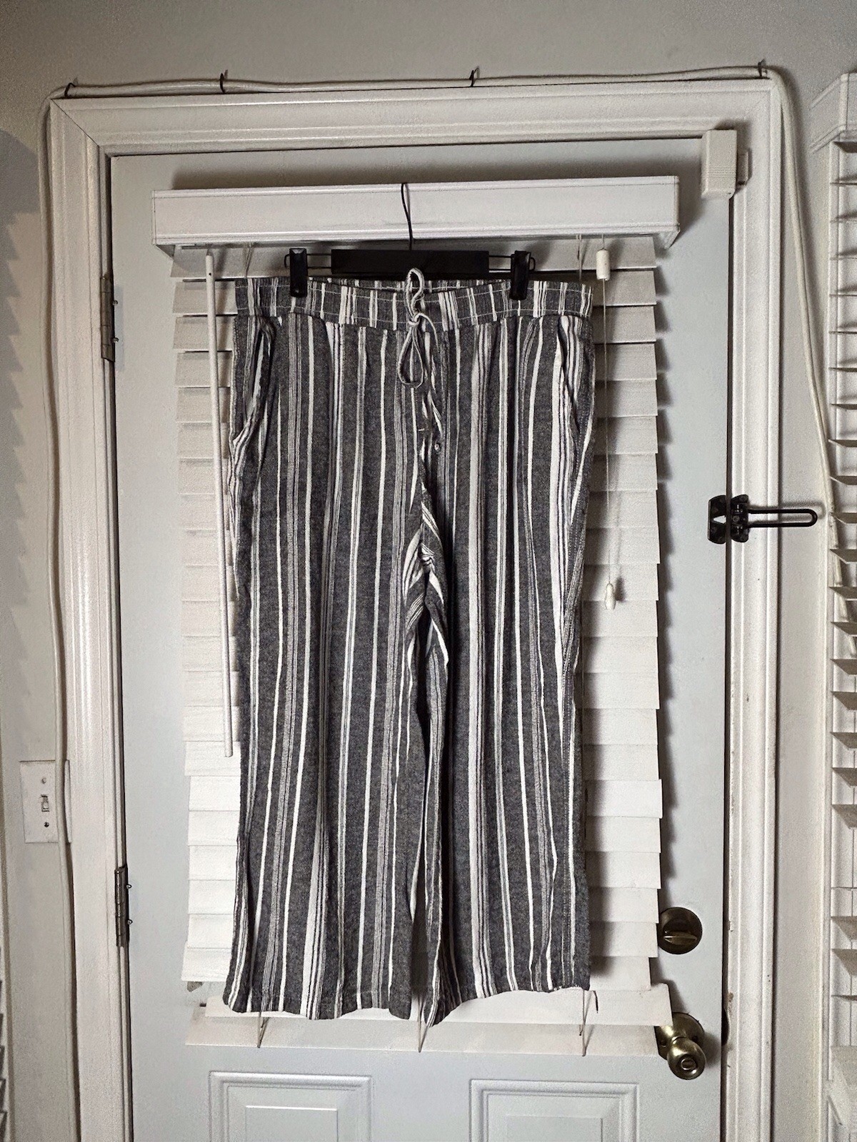 XL Linen Blend Pants Elastic Waist Black White Stripes Comfort Boho Wide Leg