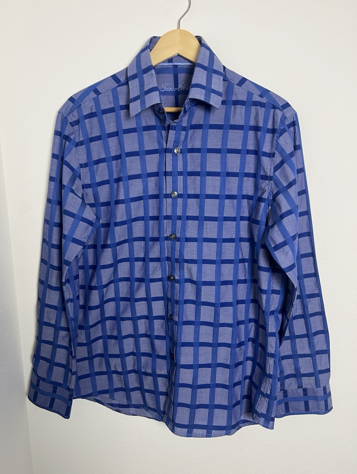 Tasso Elba Men’s Dress Shirt Slim Fit 14-14.5 32/33 Blue Gray Check