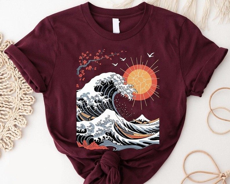 Great Wave Japanese Art Shirt – Ocean Sun Cherry Blossom Tee – Retro Ukiyo