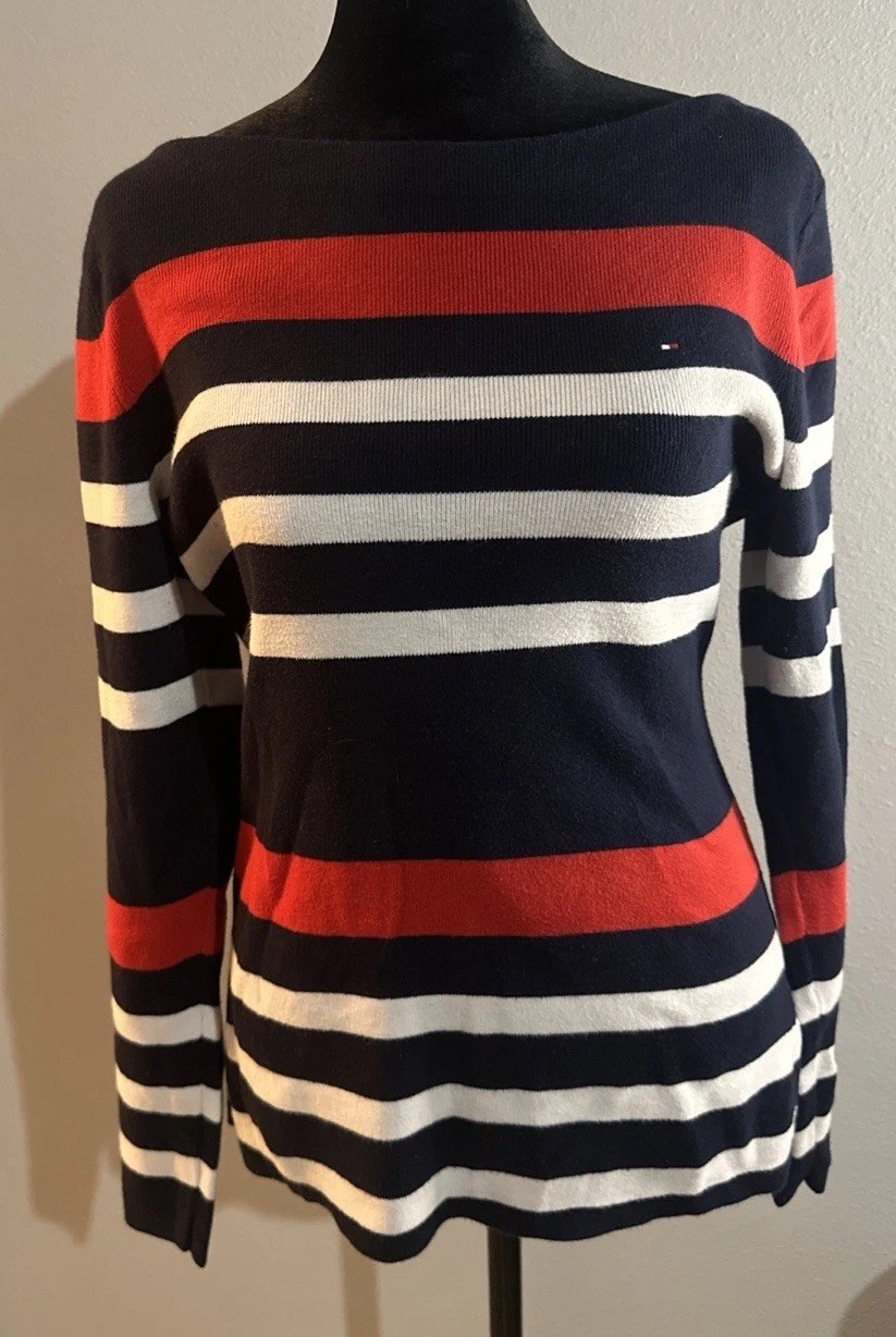 Women’s Tommy Hilfiger Striped Boat Neck Tight Knit Sweater Size L