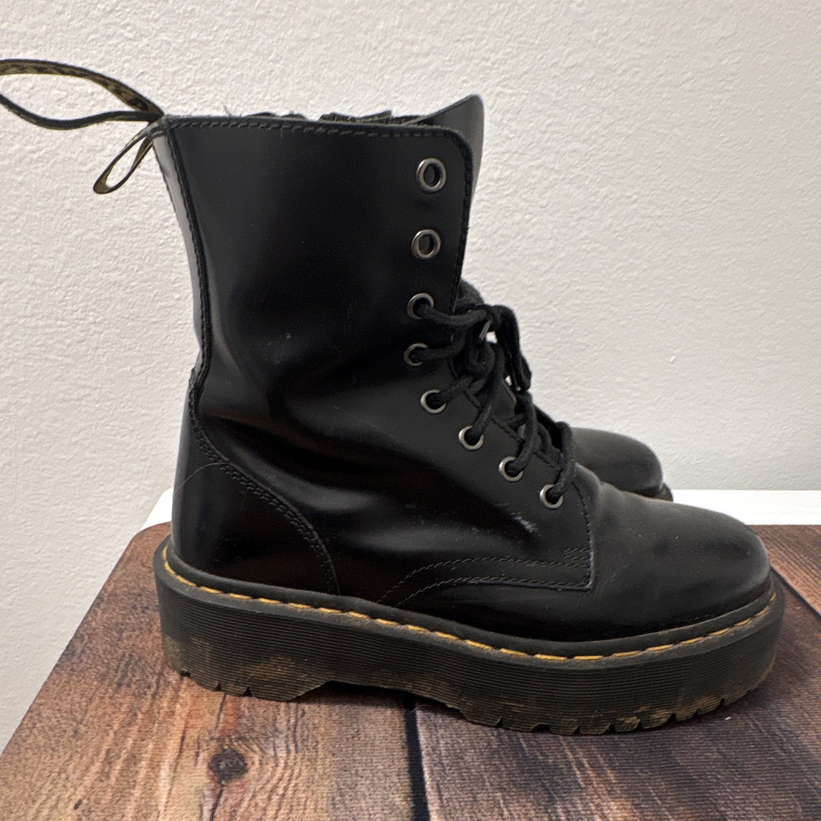 Dr. Martens Black Leather Platform Combat Boots Lace-Up Side Zip US 8 EU 41