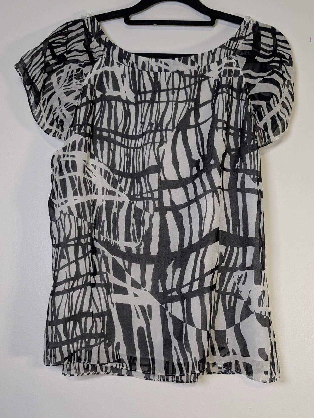 Vintage Bob Mackie Studio Silk Beaded Black White Abstract Sheer Blouse 12 Artsy