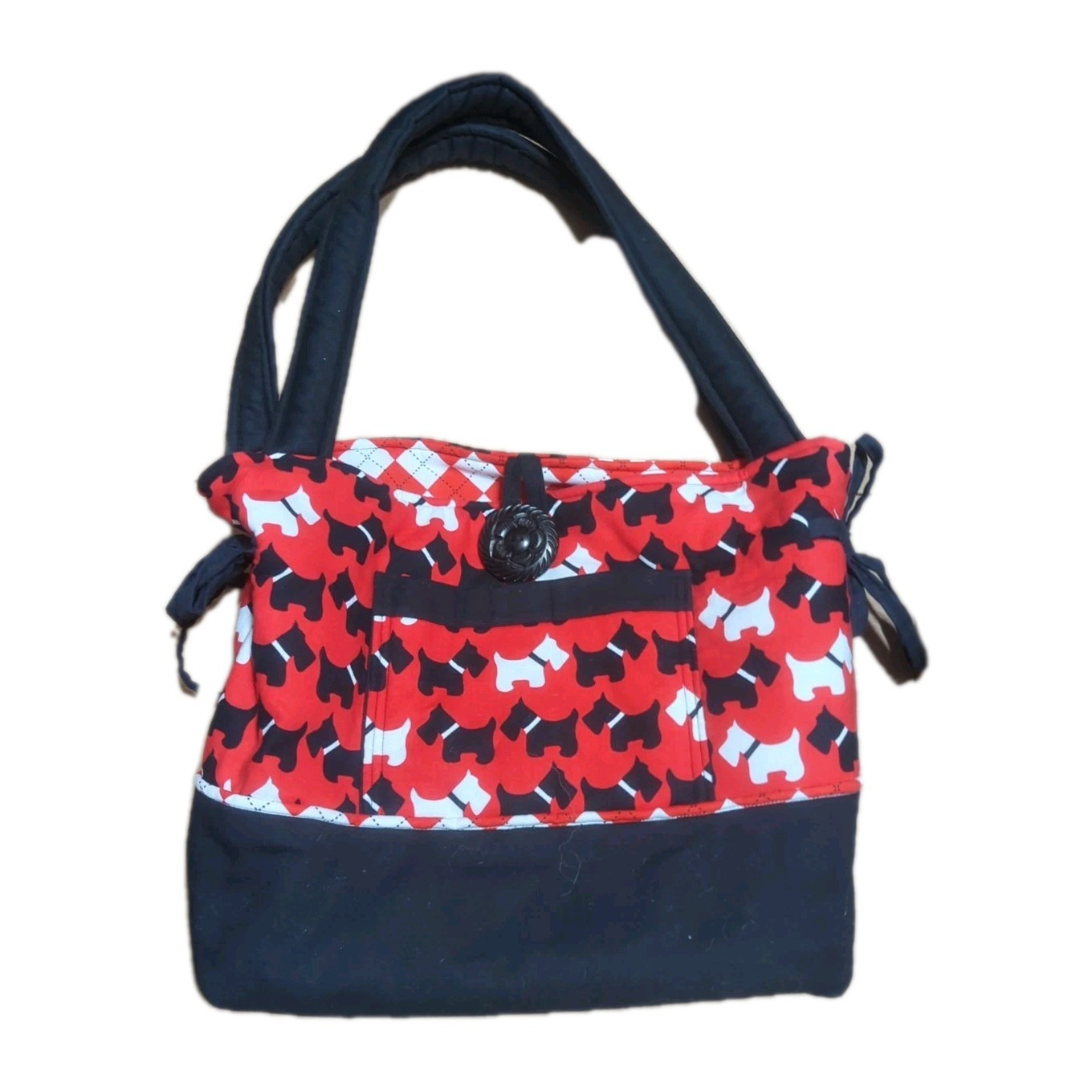 Handmade Fabric Shoulder Bag Multi Pockets Scottie Dog Pattern Red Black Tote