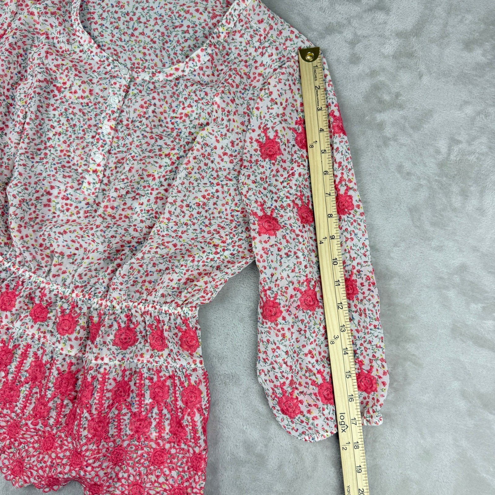 GUESS Babydoll Shirt Women M Pink Floral Embroidered Blouse Top Boho Cottagecore