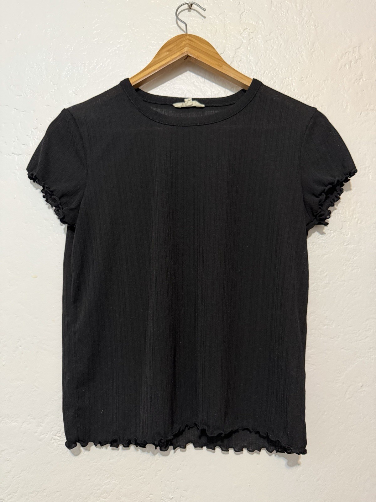 Madewell Black Semi Sheer Lettuce Edge Tee Ribbed Mesh Whimsigoth Shirt Medium