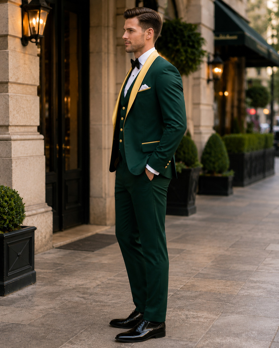 Men Emerald Green Gold 3 Piece Tuxedo Suit Wedding Groom Prom Formal Party Wear