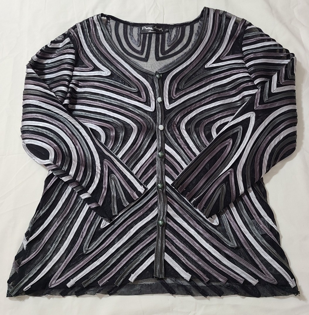 Pretty Angel L Sheer Mesh Jacket Abstract Geometric Ribbon Cardi Wearable Art
