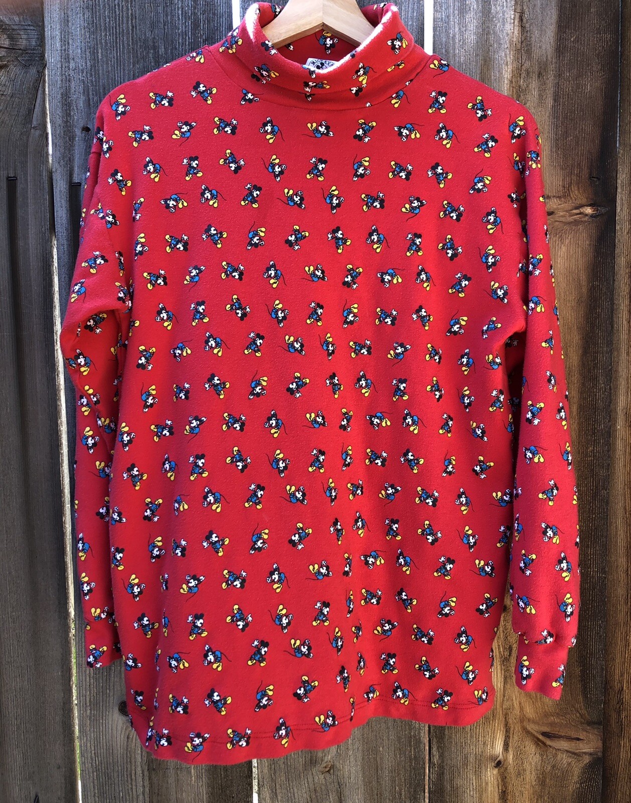 VTG Disney Mickey & Co allover Print turtleneck Shirt Size Small Long Sleeve Red