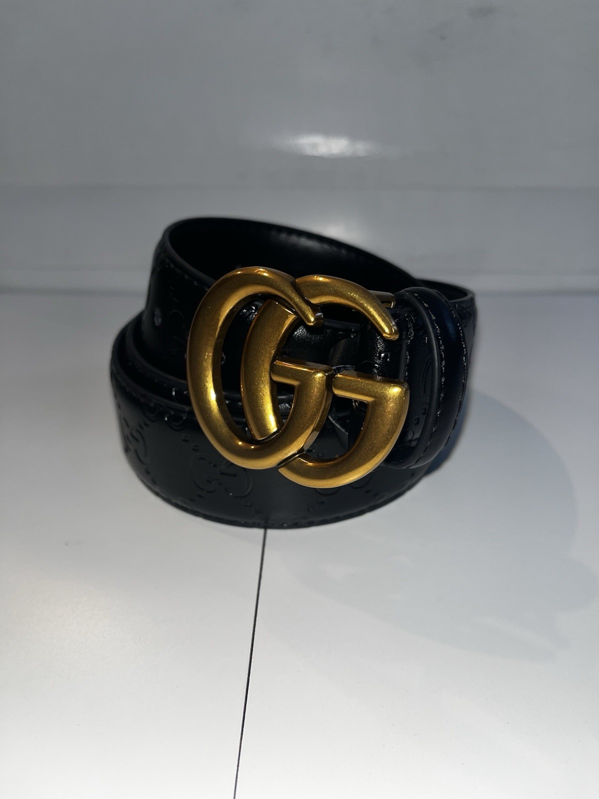 Gucci Black GG Pattern Belt Gold Double G Buckle Logo Size 95-38