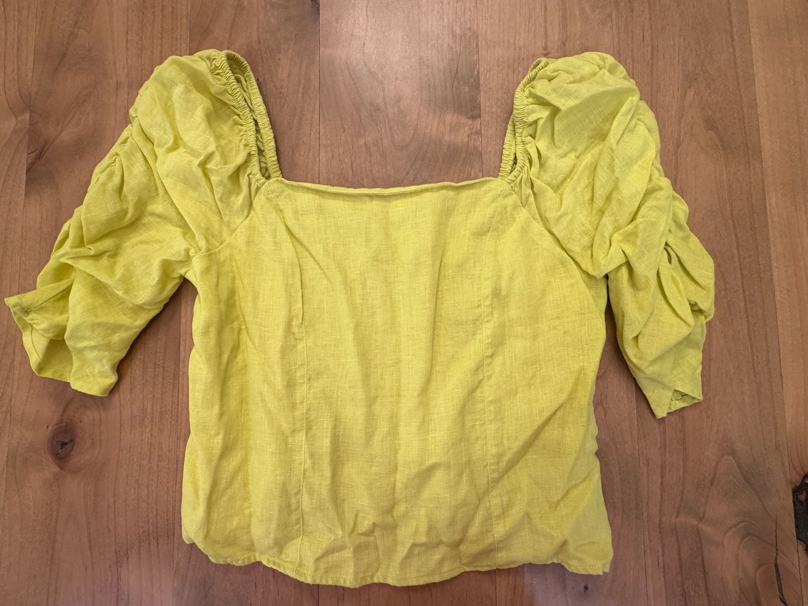 Rachel Zoe Yellow 100% Linen Smocked Puff Sleeve Crop Blouse Med