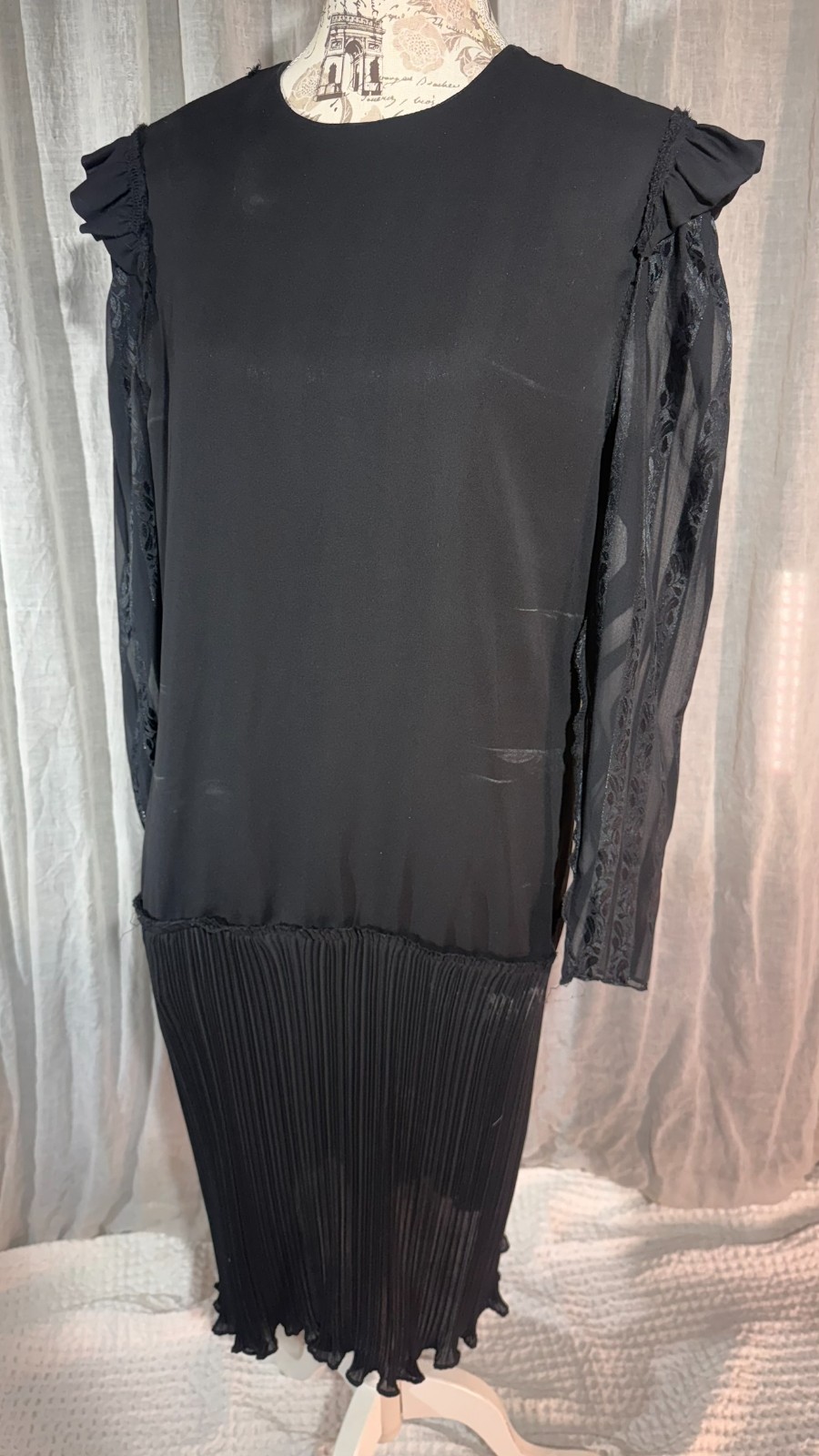 Vintage 80s does 20s FLAPPER Drop Waist Dress Satin SEQUIN Gatsby Art Deco 8