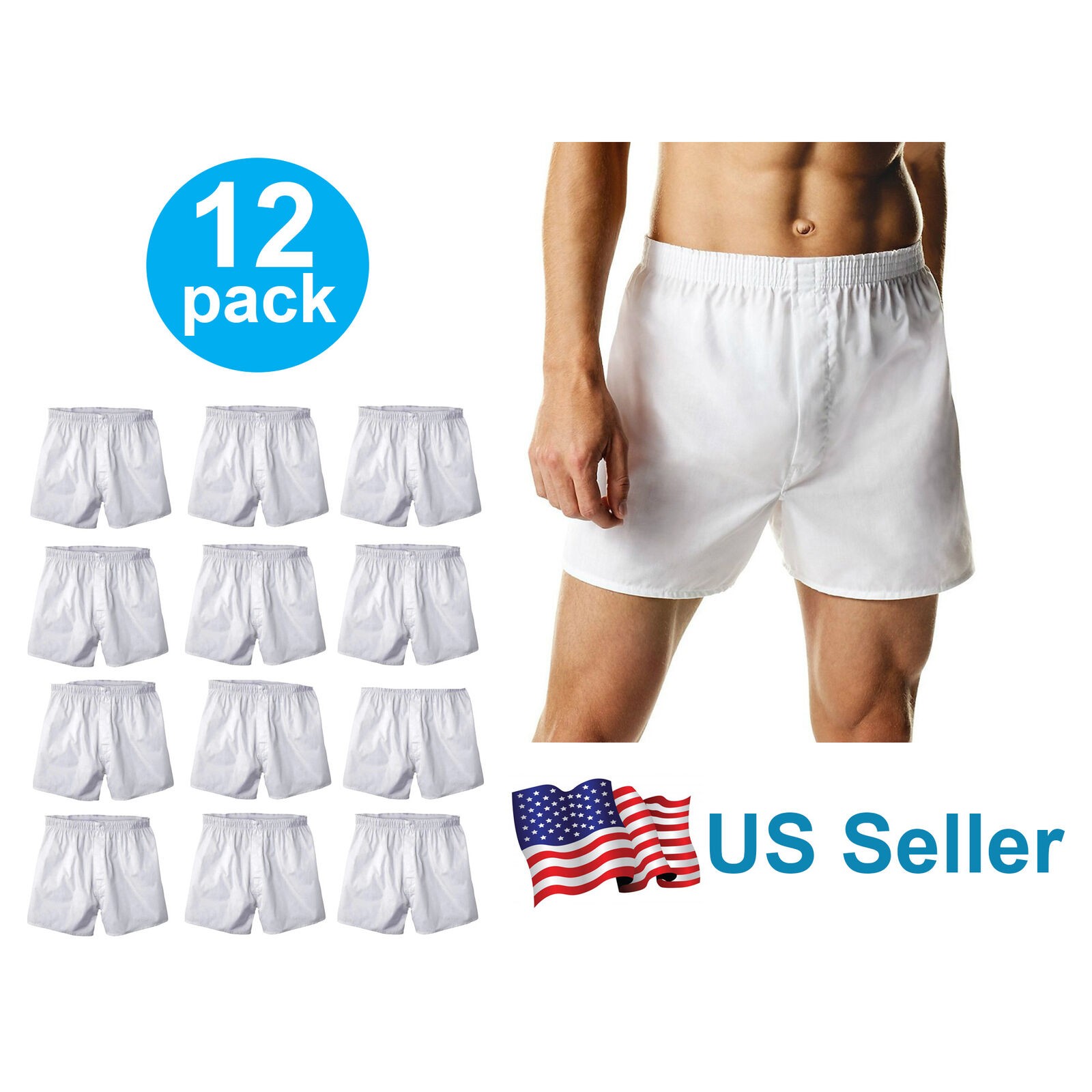 4-12 PACK Men’s White Boxer Shorts W/ Comfortable Flex Waistband Cotton Blend