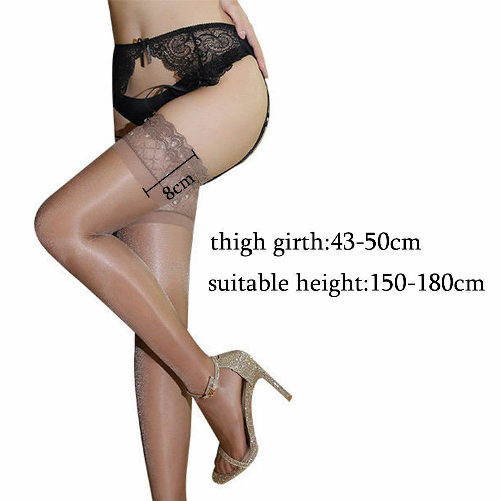 Womens Glossy Ultra-thin Shiny Sheer Lace Top Thigh High Silk Stockings Hold Ups