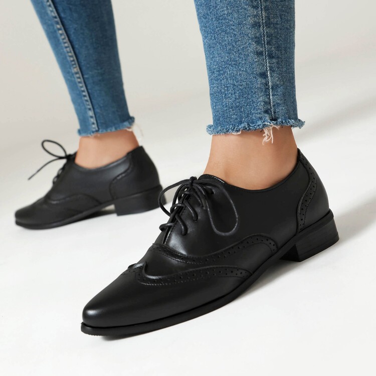 Pointed Toe Women’s Faux Leather Lace Up Shoes Dress Flat College Oxfords Pump