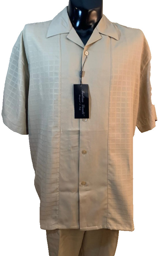 Fortino Landi Mens 2pc Walking Suit Shirt Pleated Pants Set 2XL Beige Plaid 42