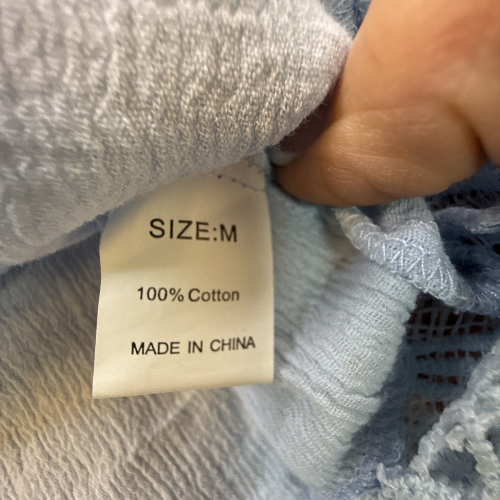 NWT Woman’s 100% Cotton Babydoll Blouse Crinkle Fabric Lace Trim Light Blue Sz M