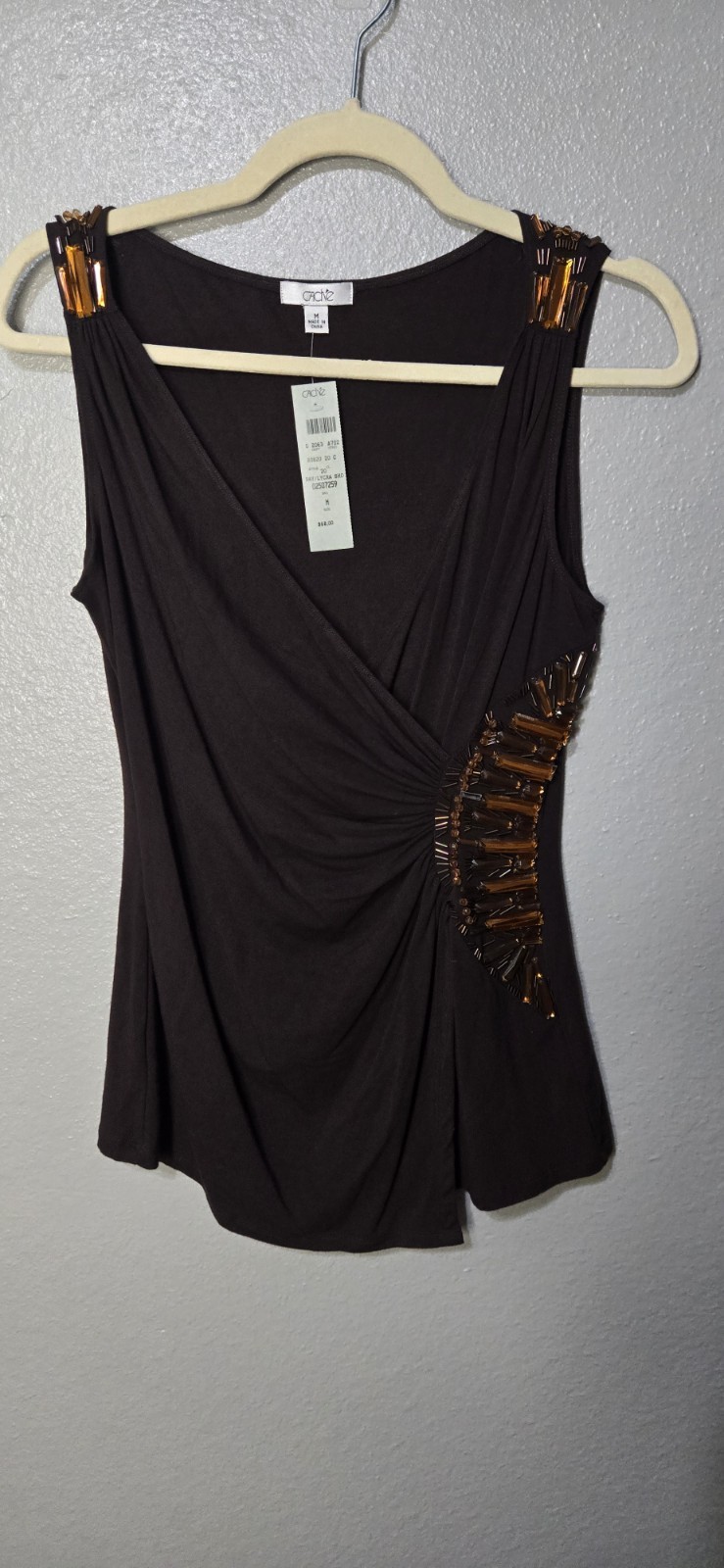 Cache Brown Asymmetric beaded Woman’s Top NWT Y2K size M