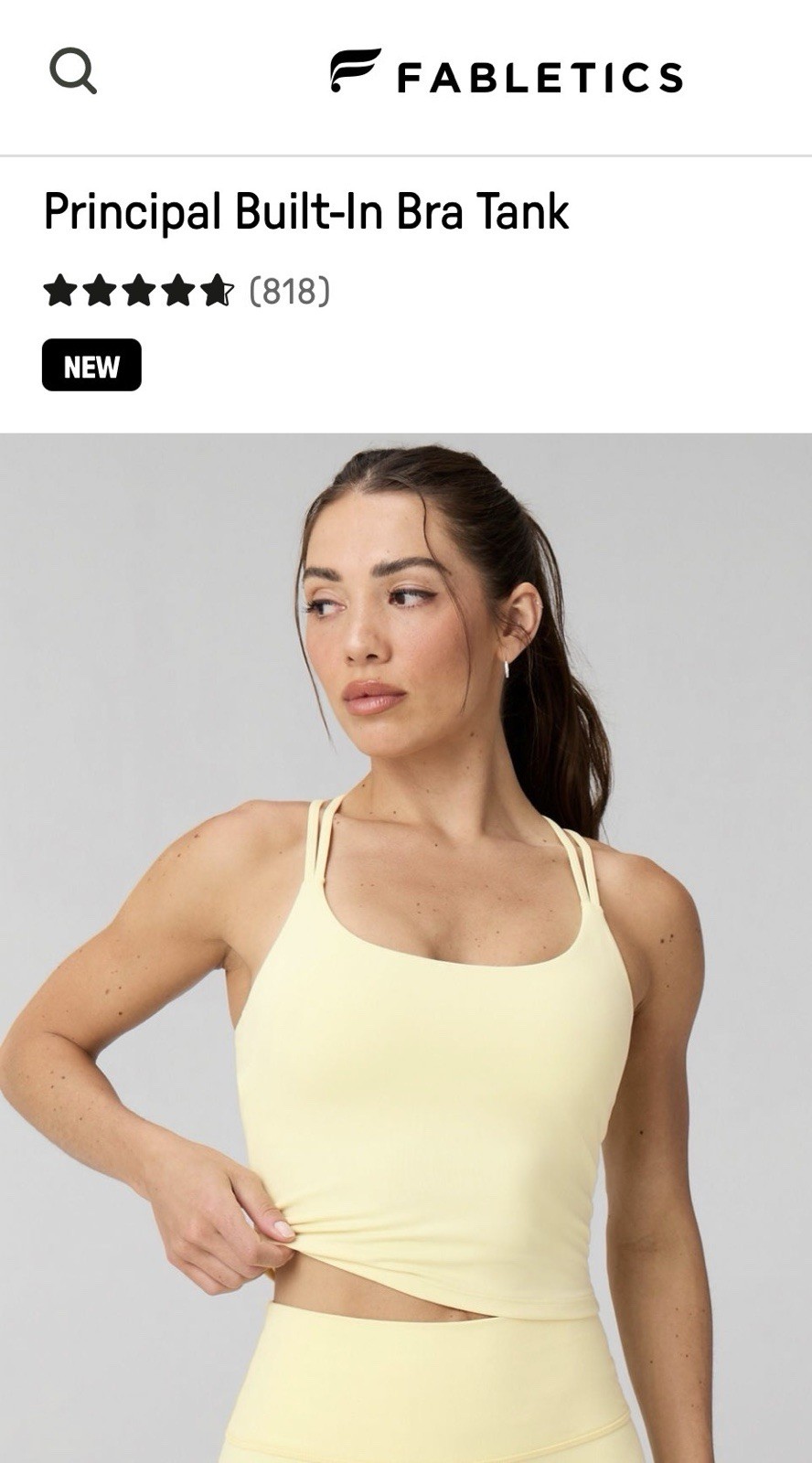 Fabletics Principal Built-In Bra Tank, Yellow XS, Strappy Stretch Racerback