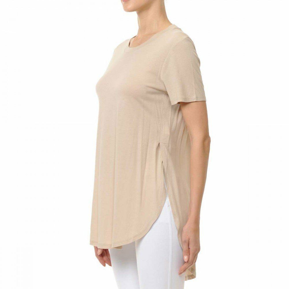 Overlapping Side Slit Round Neck Short Sleeve Loose Fit Top 69411