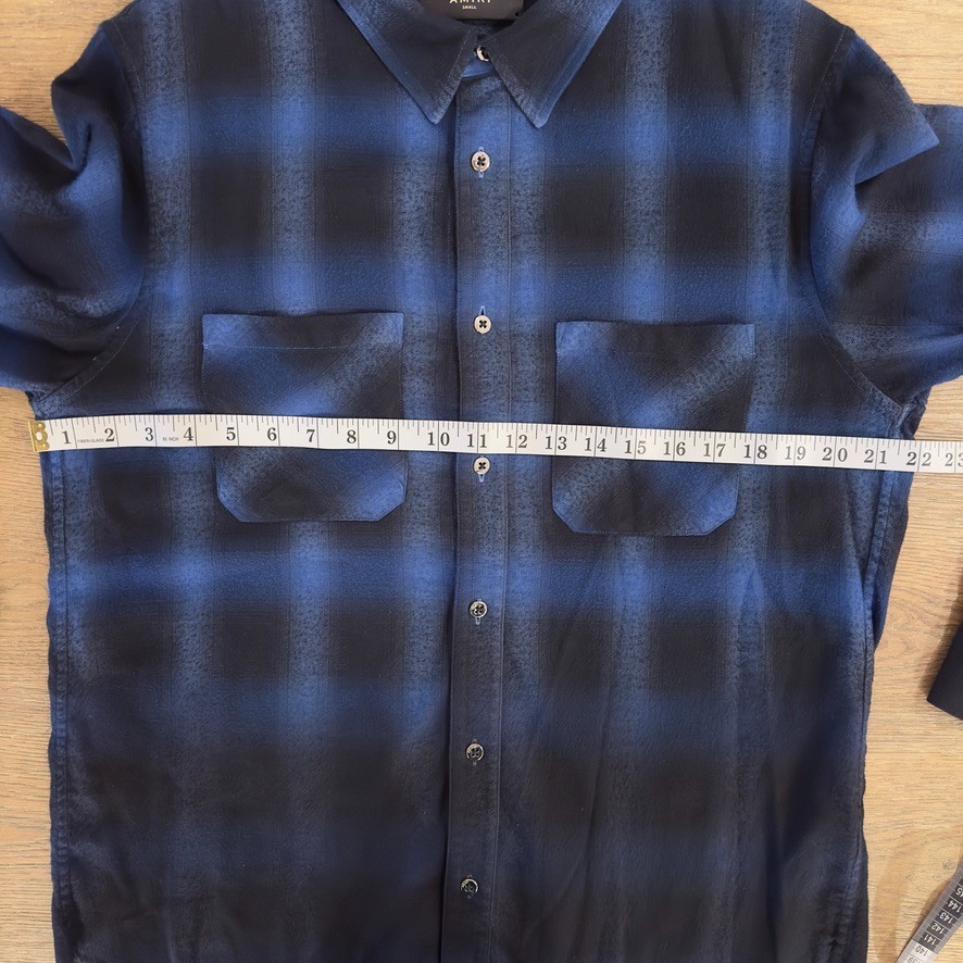 AMIRI Distressed Plaid Cotton Button Up Flannel Shirt-Blue ombre-Raw Hem-Men’s S