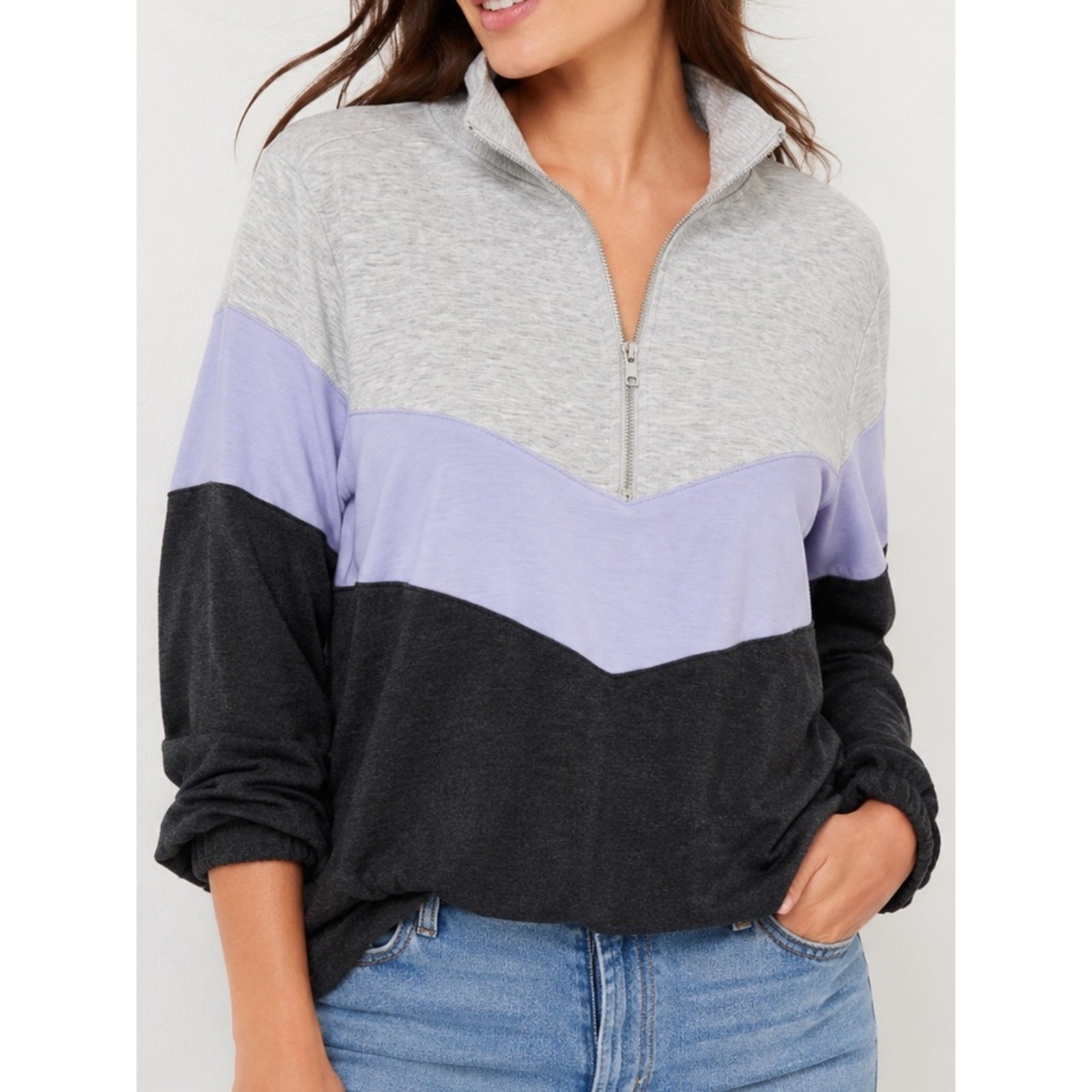 LOFT Outlet Colorblock Quarter Zip Pullover Sweater Top Gray Small