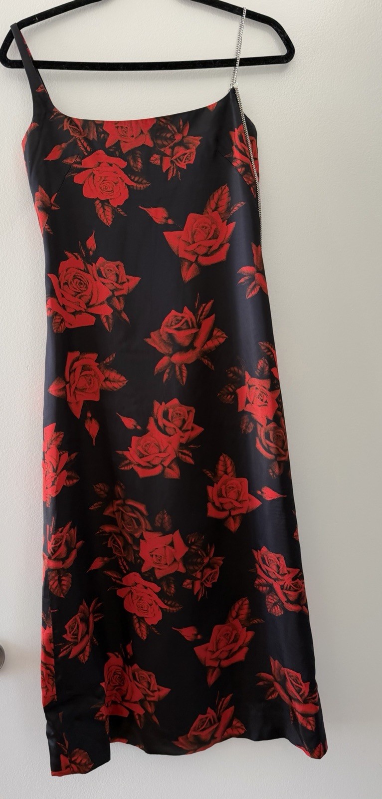 Commission Black Midi Cocktail Dress w/ Red Roses and Chain Strap Detail Size 2