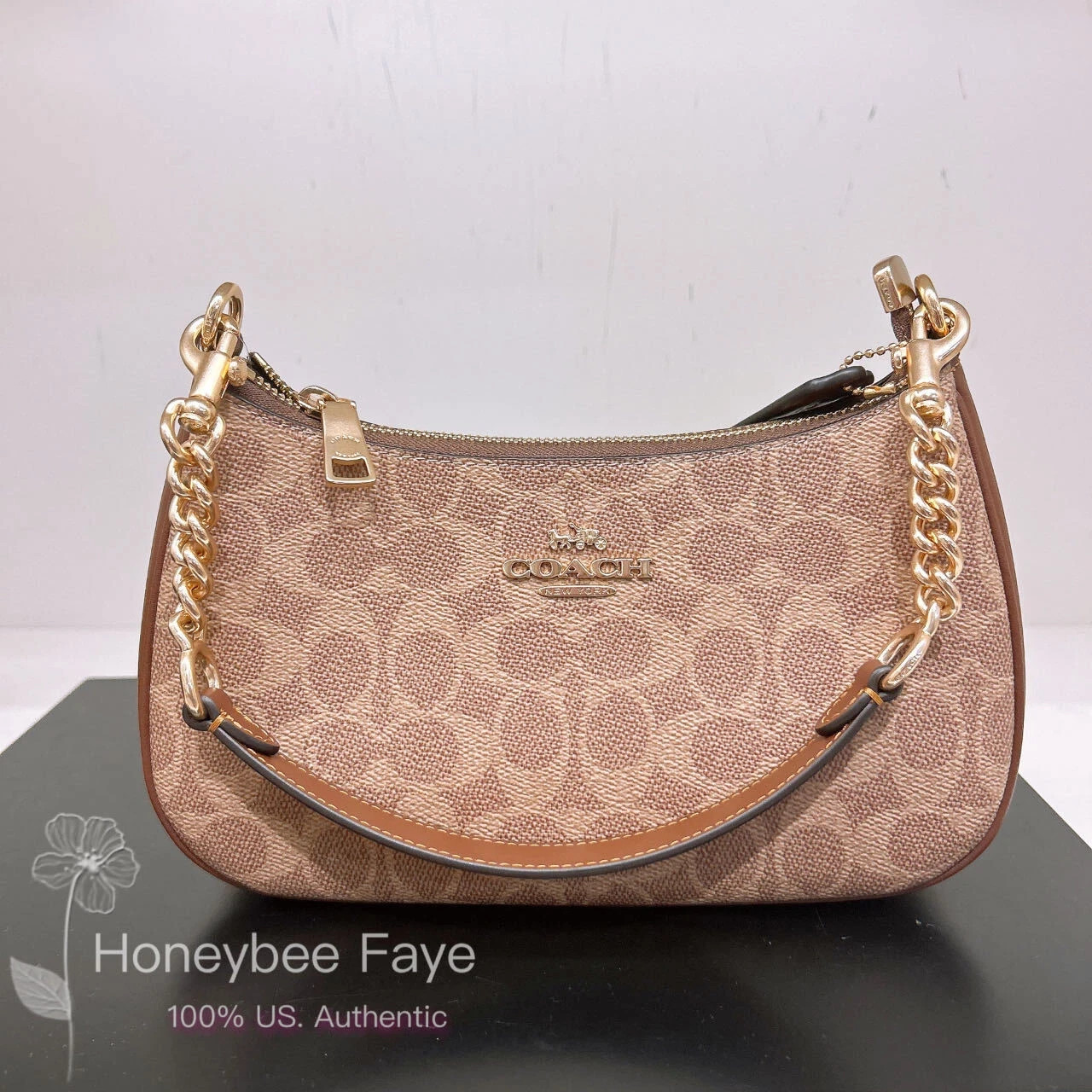 NWT COACH CV933 Teri Shoulder Bag In Signature Canvas Gold/Tan/Brown 🔥🔥