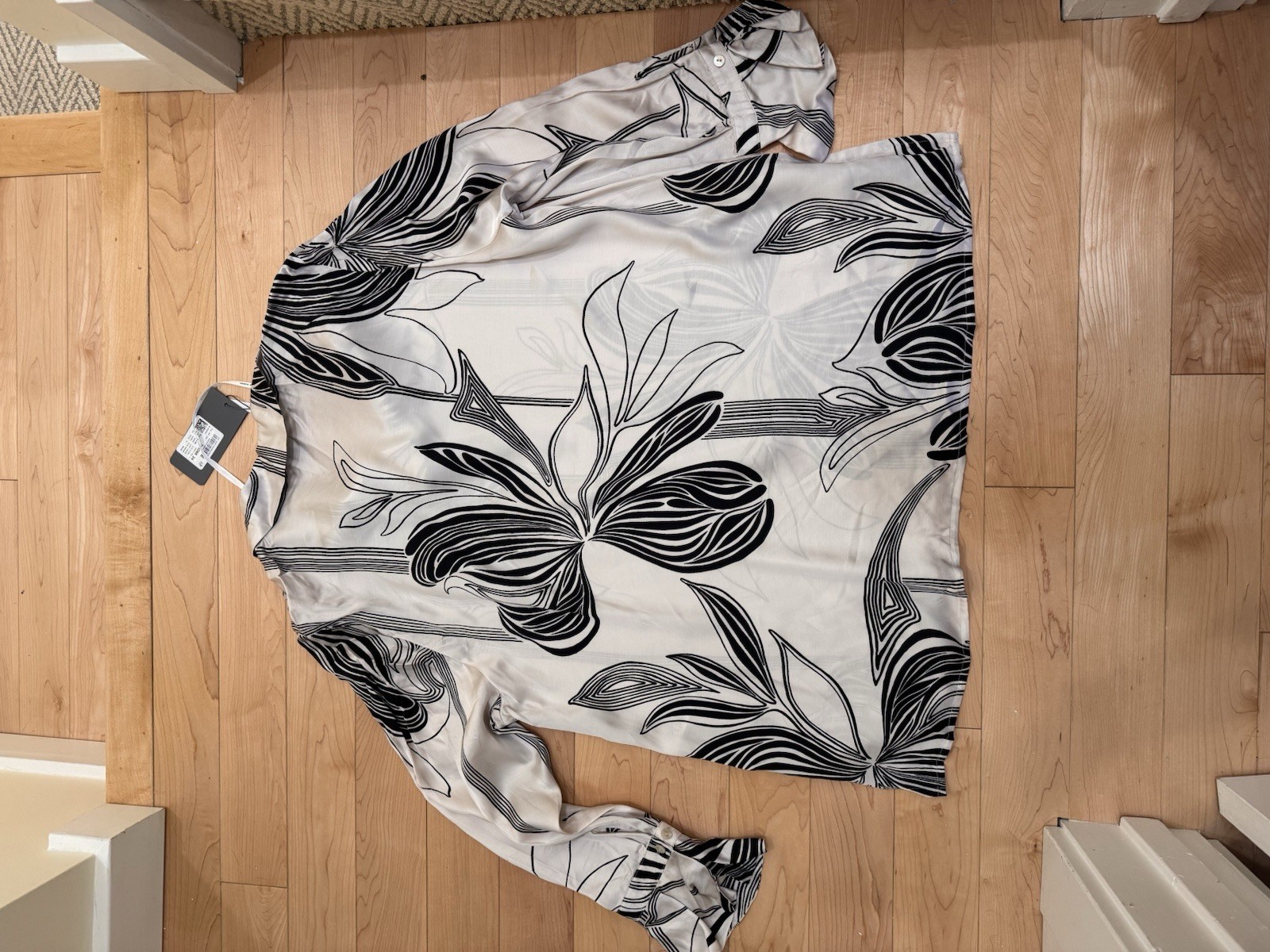Ulla Popken Floral Collared Button-Up Long Sleeve Blouse Black/White 16/18