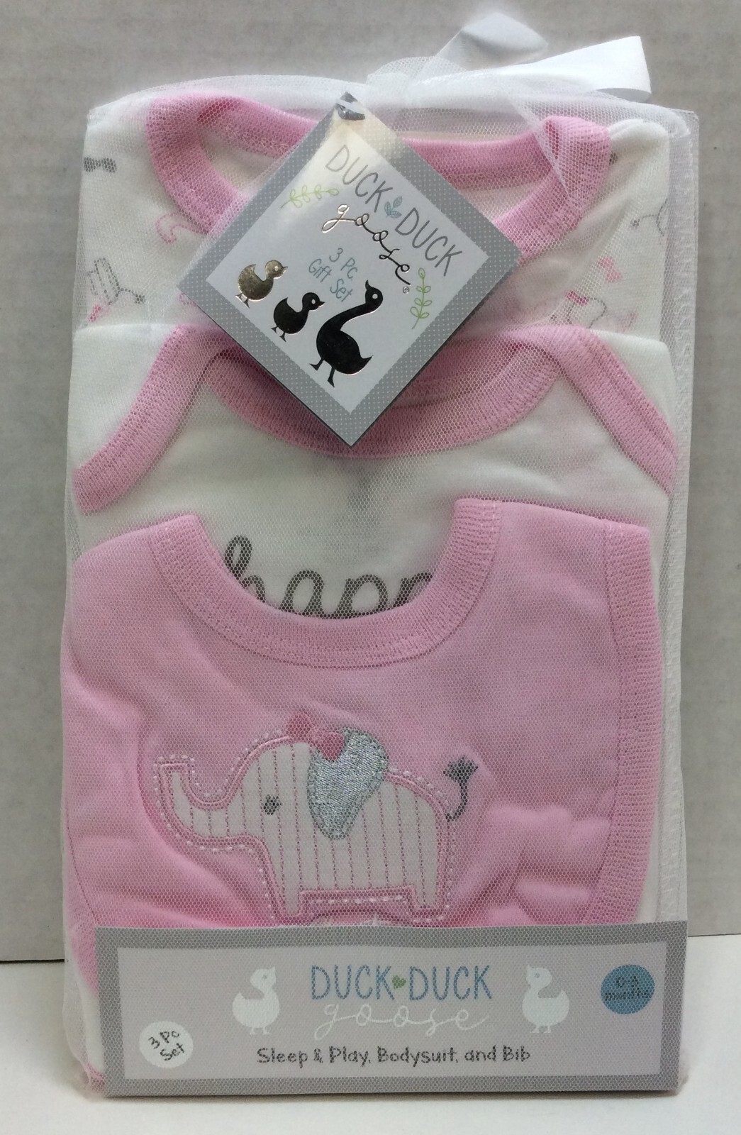 Duck Duck Goose Girls 3 Piece Sleep & Play Bodysuit and Bib 0-3Mos, Ships Free