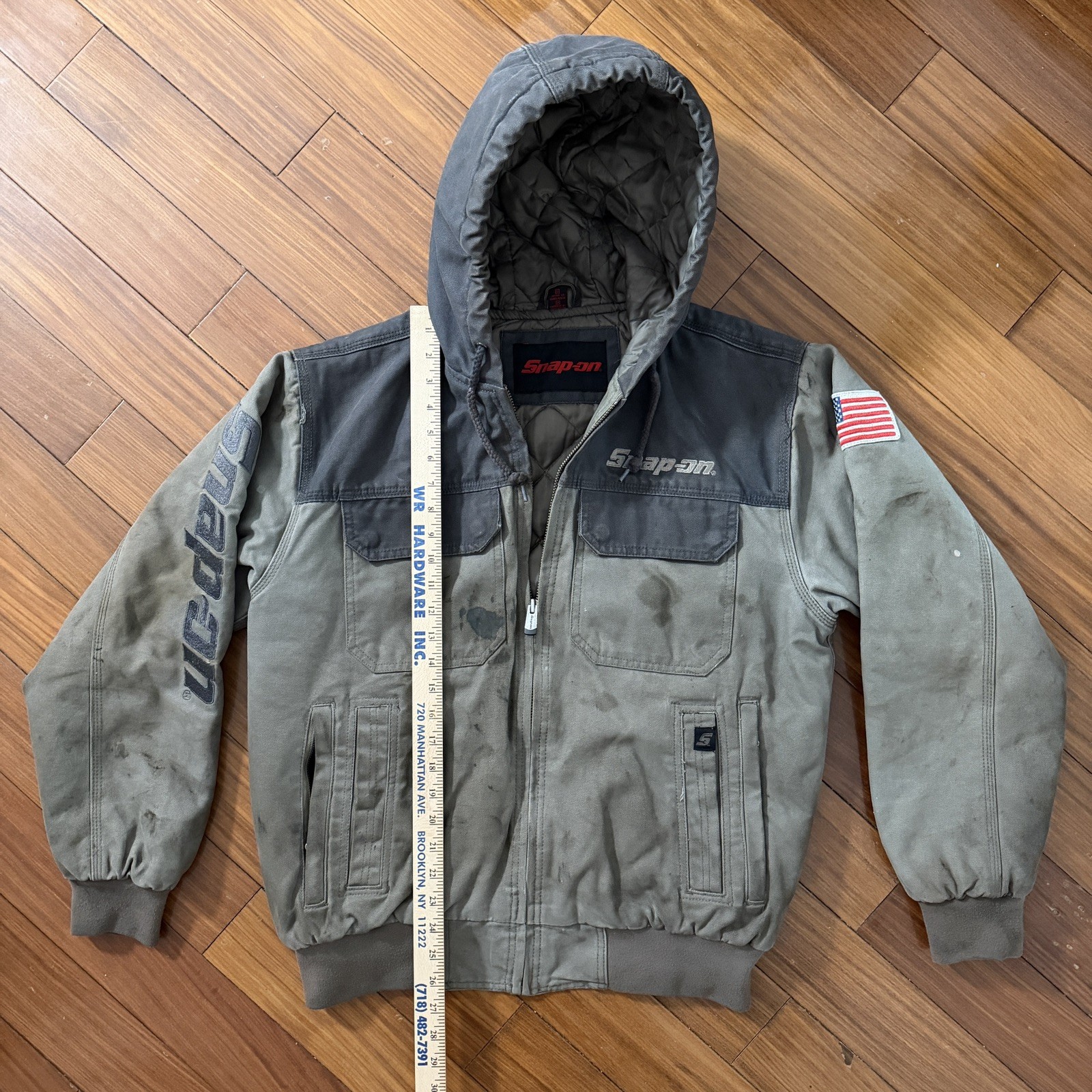 Snap On Tools Mens M Heavy Hooded Coat Cotton Canvas Jacket Black Gray USA Flag