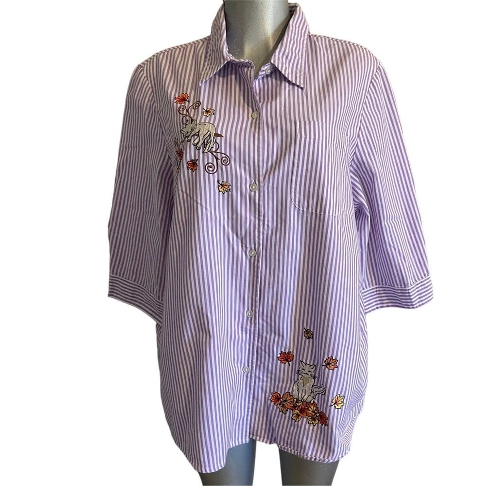 Blair Cat Pinstriped Shirt 3/4 Sleeve Oversized XL Lavender Kitty Leaves Teacher