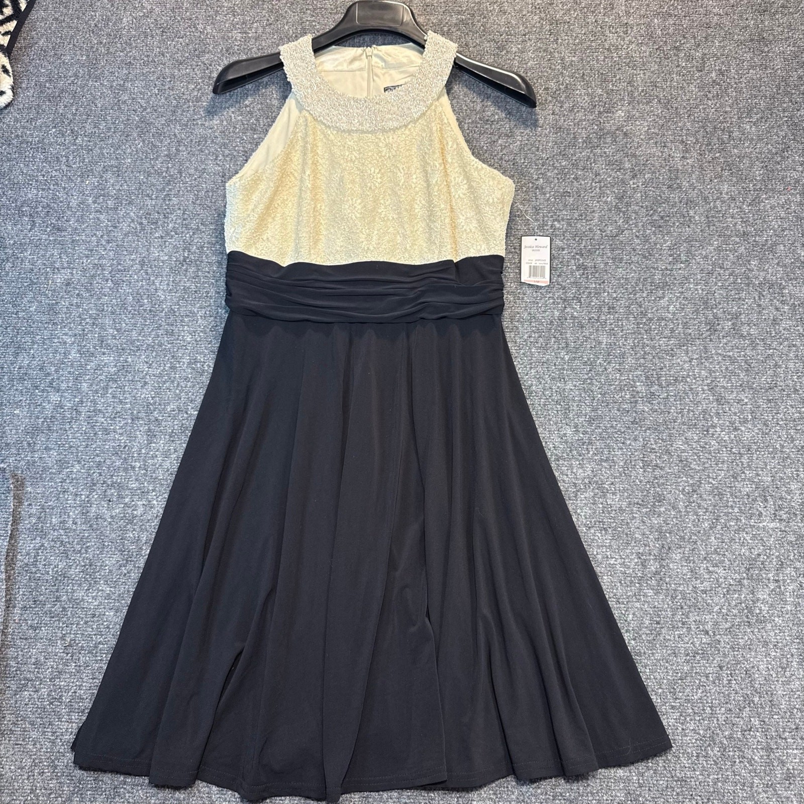 Jessica Howard Black Ivory Lace Beaded Collar Cocktail Party Dress Size 10P New