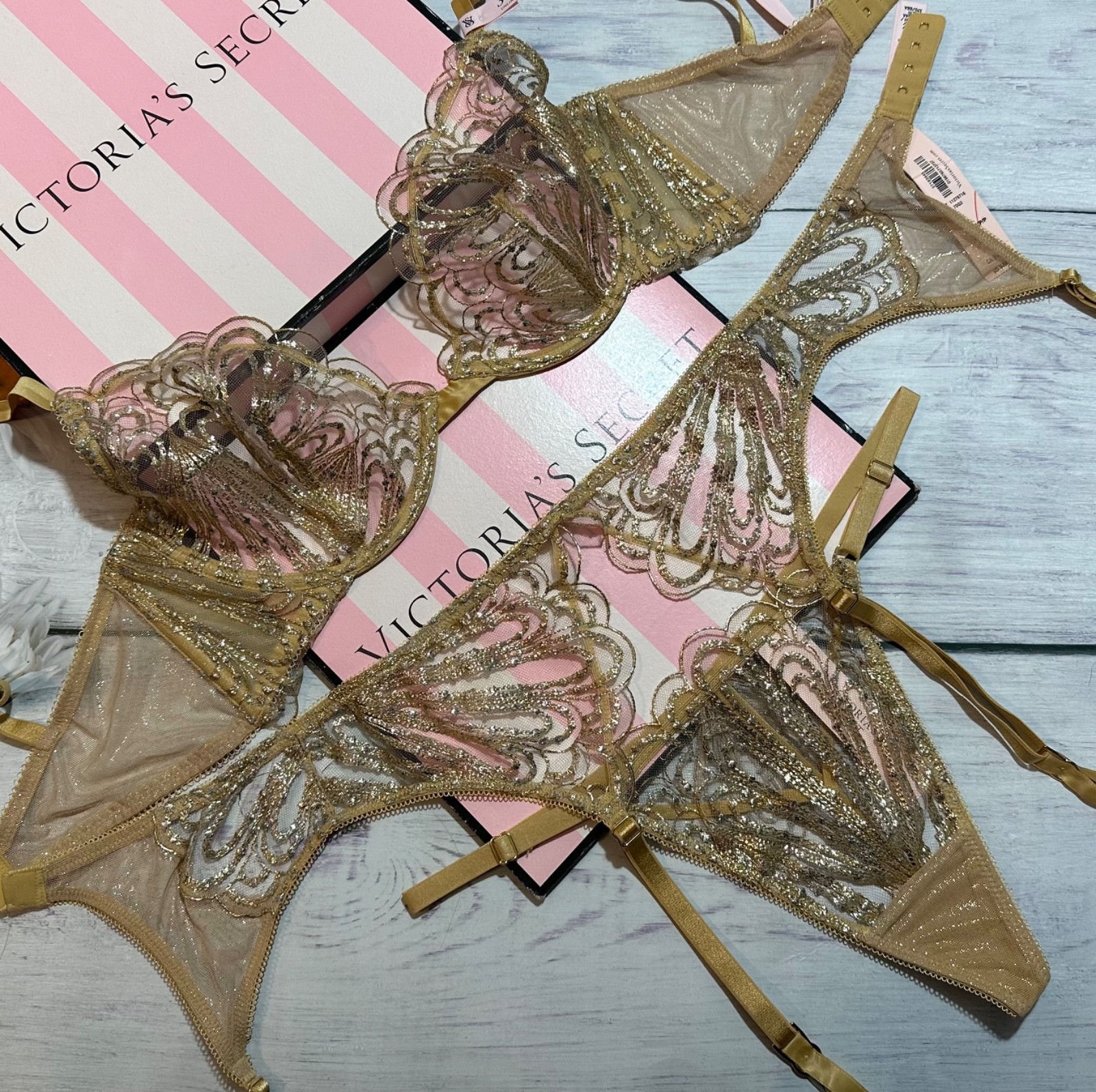 Victoria’s Secret Showgirl Embroidery Unlined Demi Bra Garter Thong Set Gold