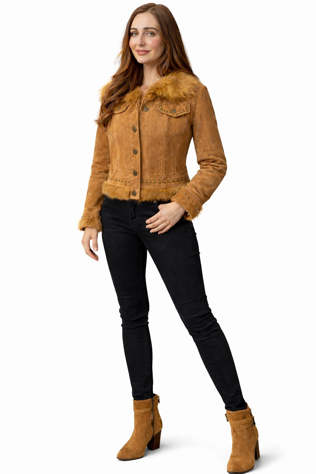 Women Genuine Suede Leather With Faux Fur Bonded Leather Jacket