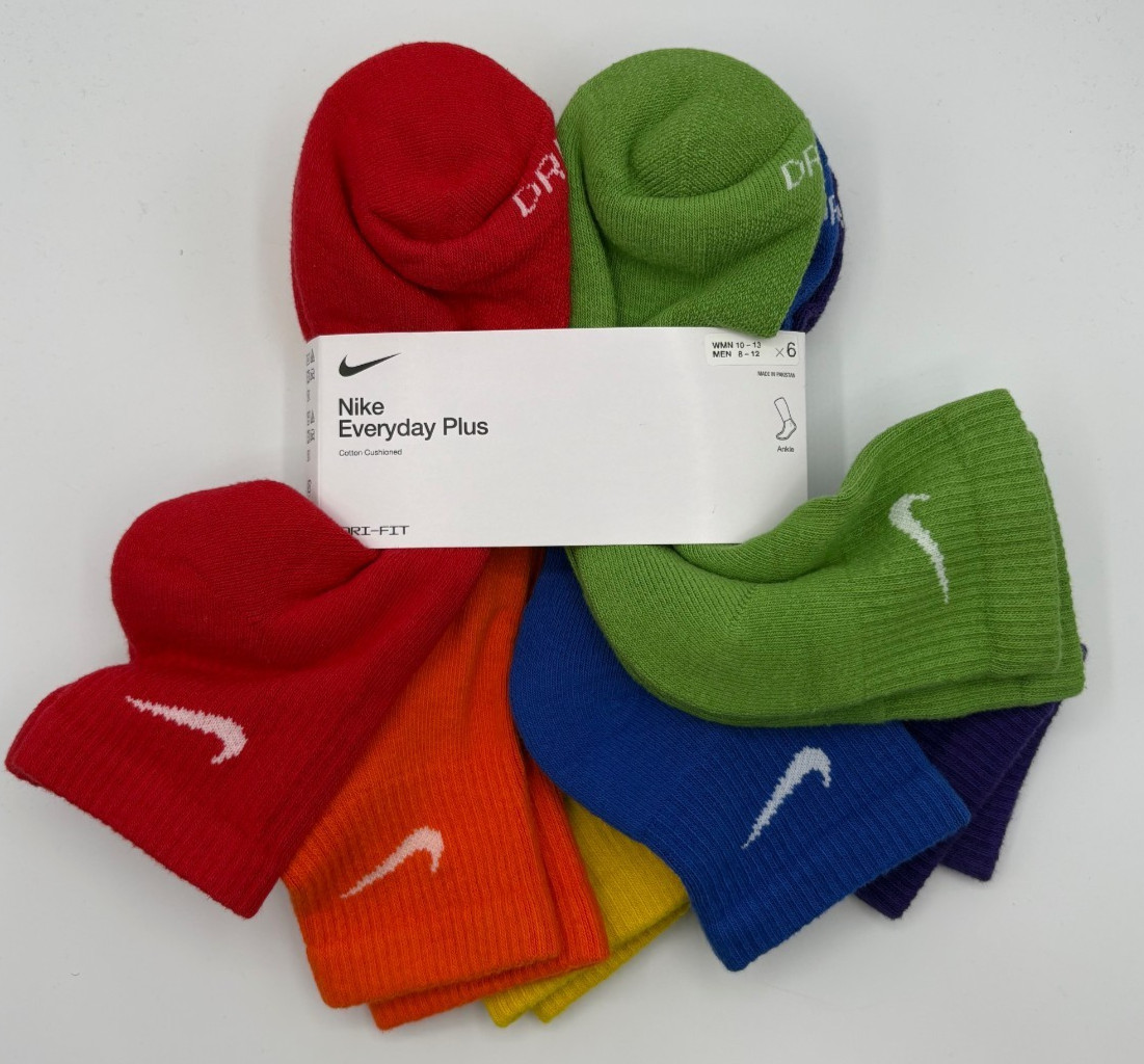 Nike Everyday Cushioned Quarter Socks Rainbow 6 Pairs Men’s Size 8-12 SX6899-903