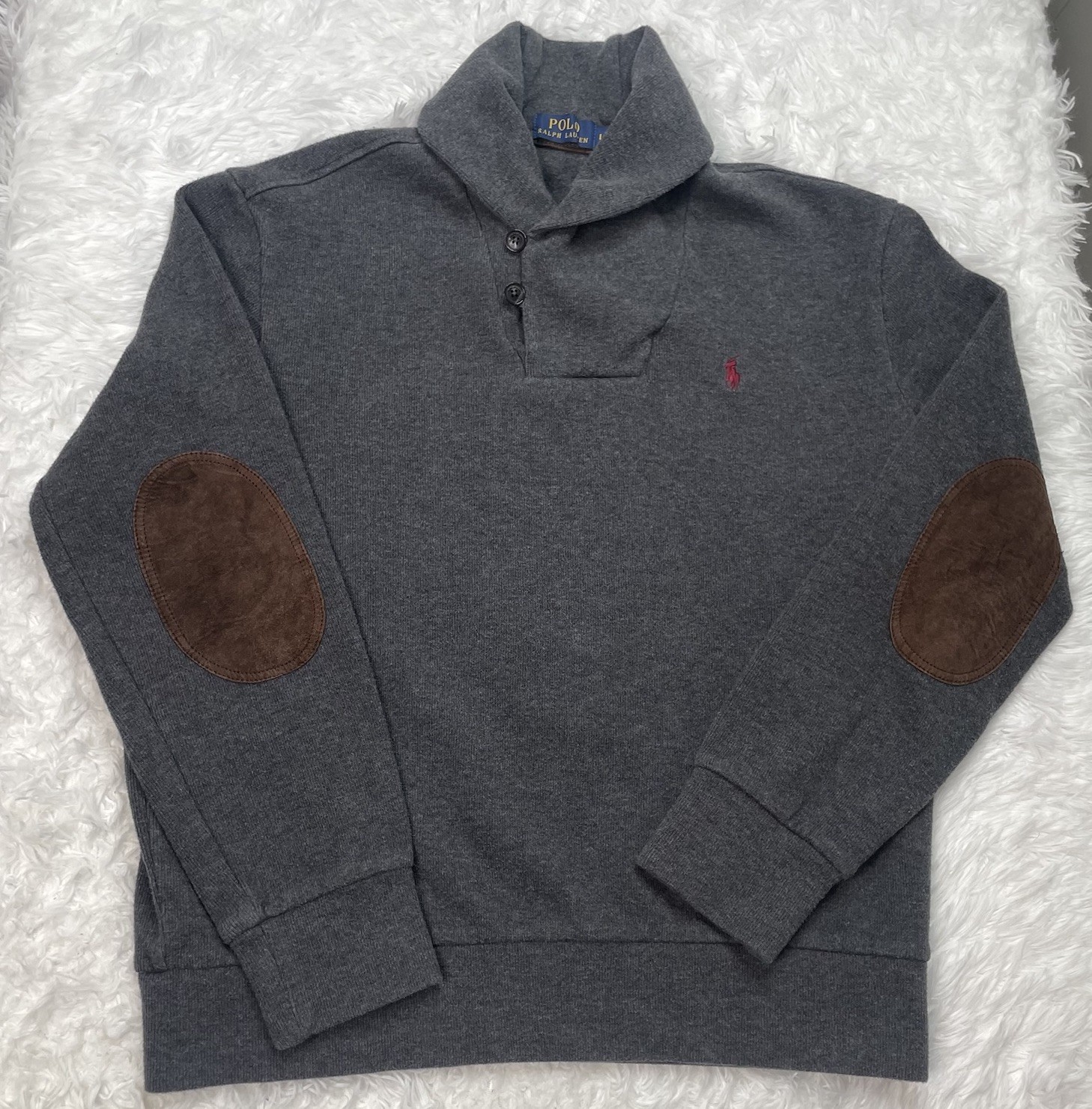 Polo Ralph Lauren Mens Size Large Shawl Neck Fisherman Sweater Gray Elbow Patch