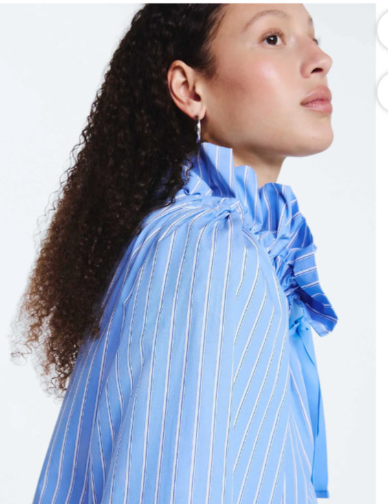 Free Assembly Puff Neck Tie Blue White Striped Ruffle Blouse Women NWT *26