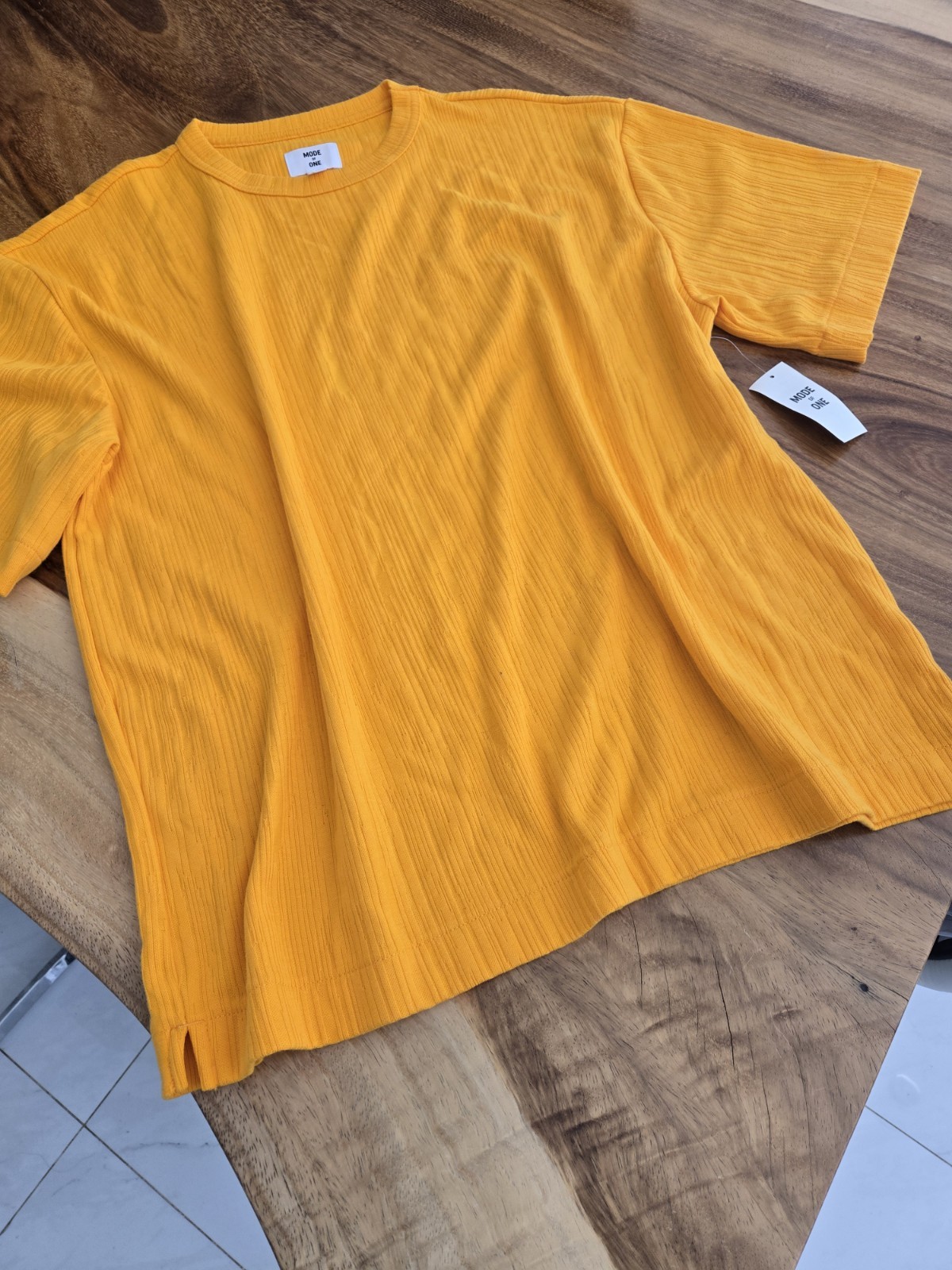 Mode of One Women’s Yellow Ribbed Knit Short Sleeve Round Neck Pullover Tee L