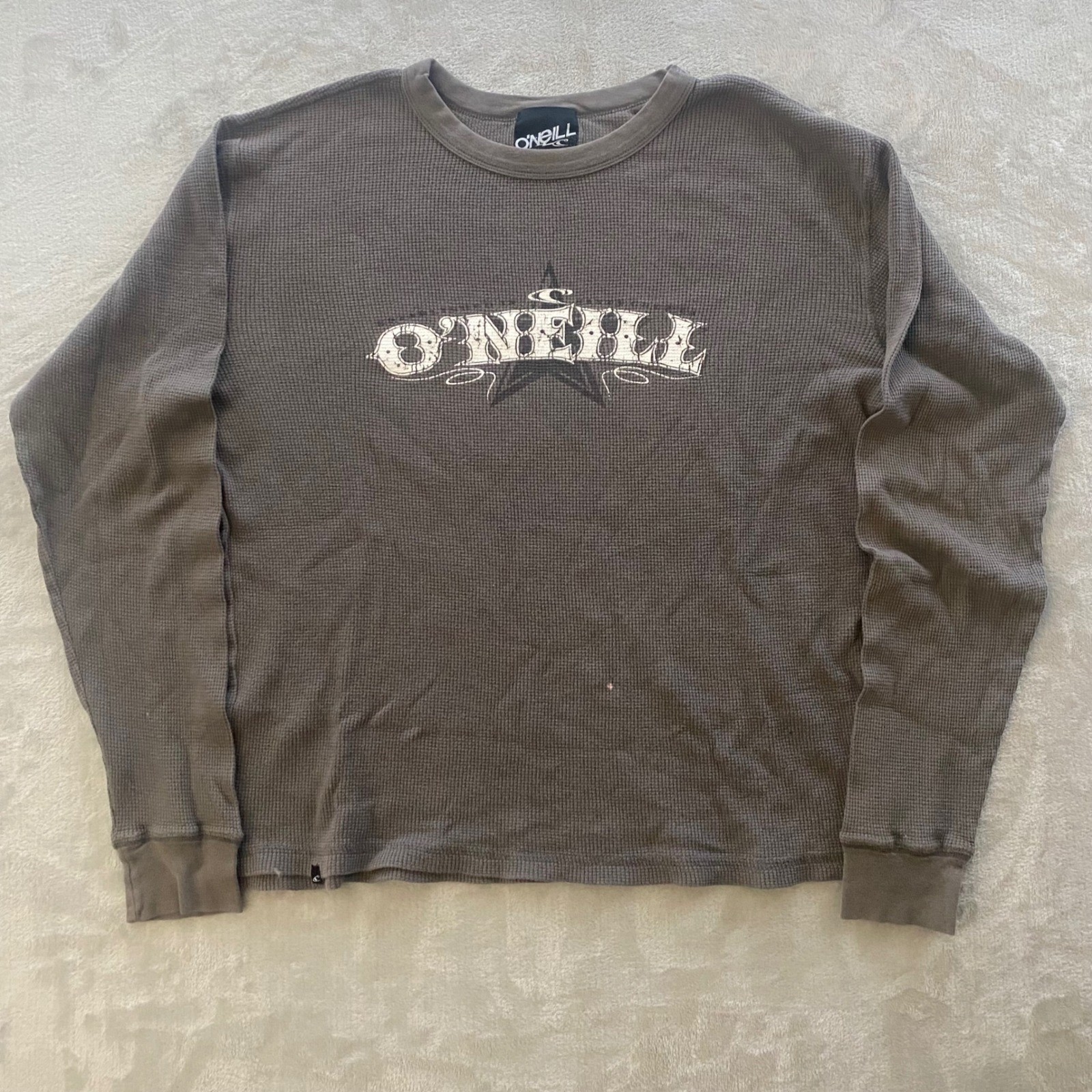 O’Neill Mens Long Sleeve Waffle Knit Thermal Shirt Grey Logo Graphic Small Spot