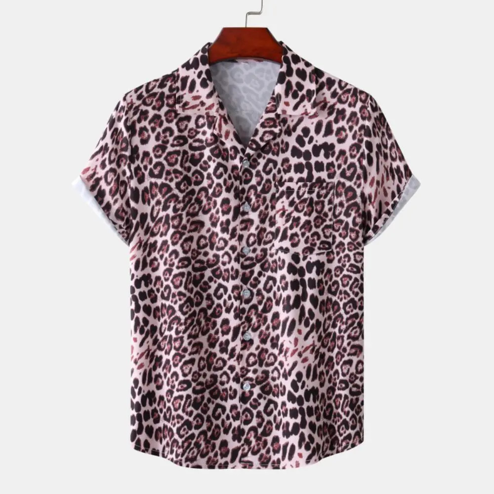 Men’s Leopard Print Oversized Short Sleeve Button-Up Shirt with Lapel